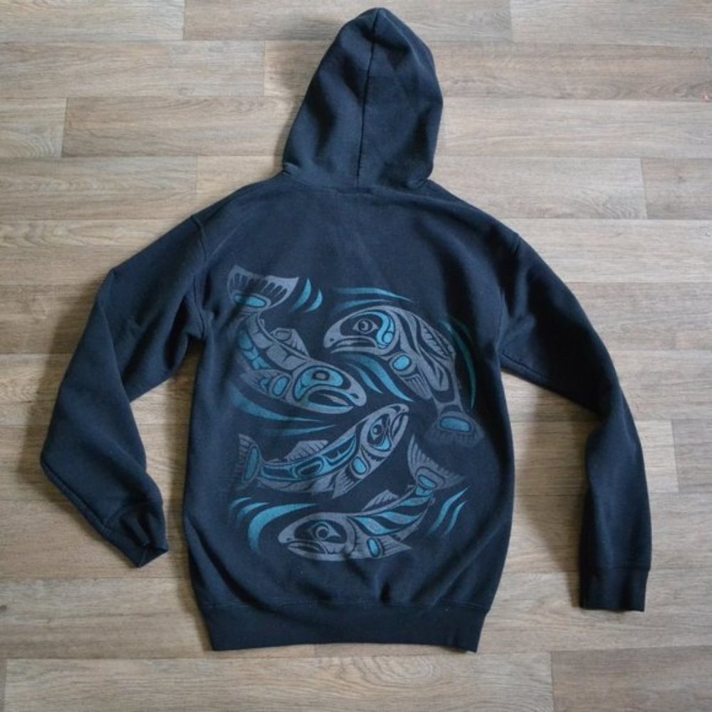 Native Salmon Tribal Art Zip-up Black Sweatshirt Pisces Size Small